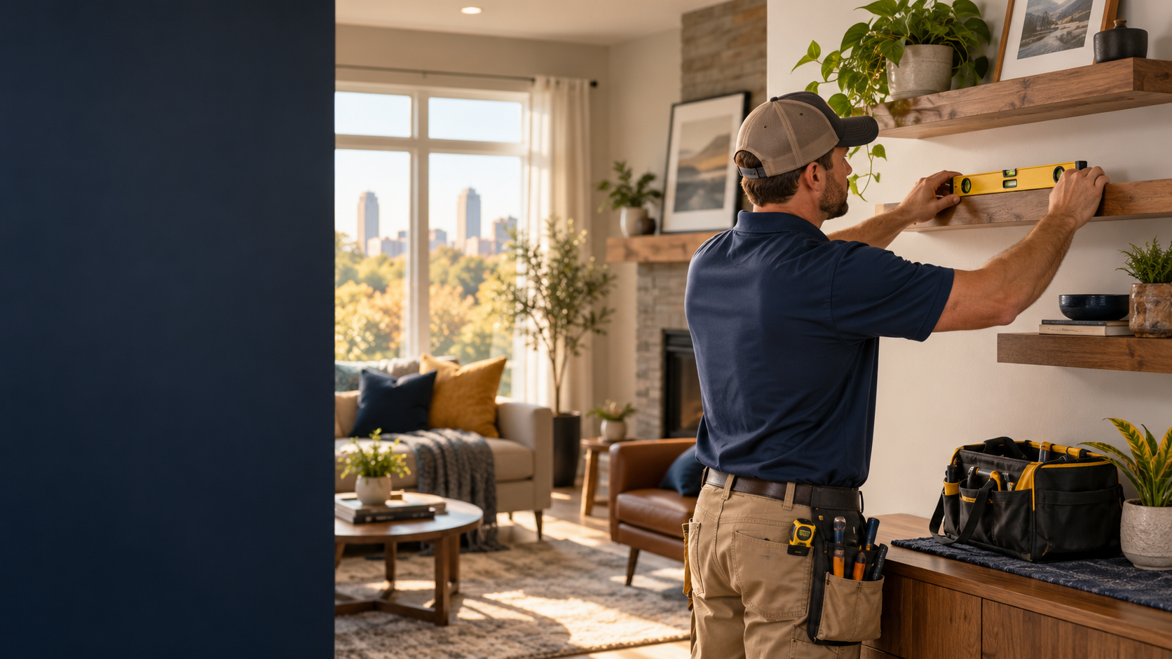 Professional handyman carefully installing a shelf in a home